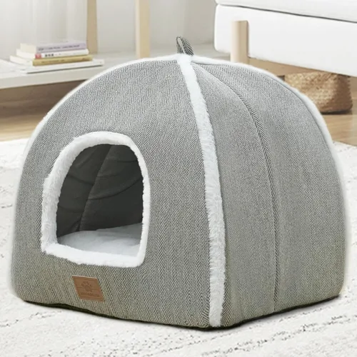 Miniatura 6 de Camas para gatos de interior, cama de gato, tienda de campaña para gatitos y mascotas pequeñas con cojín lavable, suave y cálida, color gris, 15