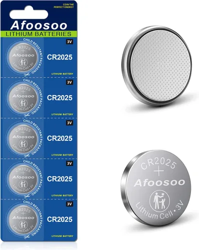 Afoosoo CR2025 - Batería de moneda de litio de 3 V, paquete de 5 celdas de botón CR 2025, baterías de 3 voltios 165 mAh para llave de automóvil,