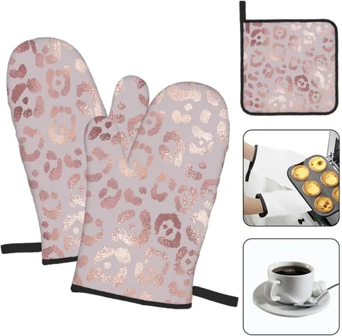 Miniatura 3 de Mxocom Juego de 3 guantes de horno y agarraderas de leopardo de oro rosa para cocina, cocina, hornear, asar a la parrilla, almohadillas calientes