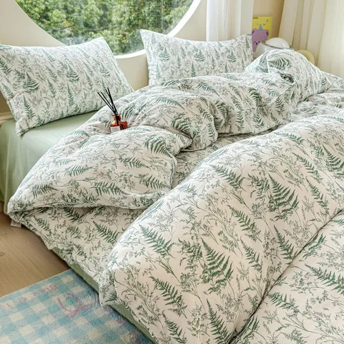Miniatura 33 de HighBuy Juego de funda de edredón vintage con volantes y estampado de rayas francesas, 100% algodón con cierre de cremallera, juego de ropa de cama