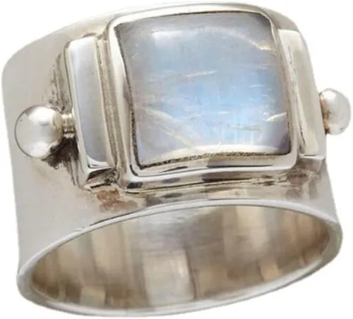 SUKKCCNO Anillo vintage de piedra lunar natural de corte princesa, plata de ley 925, banda ancha, bohemio, cuadrado, piedras preciosas, topacio