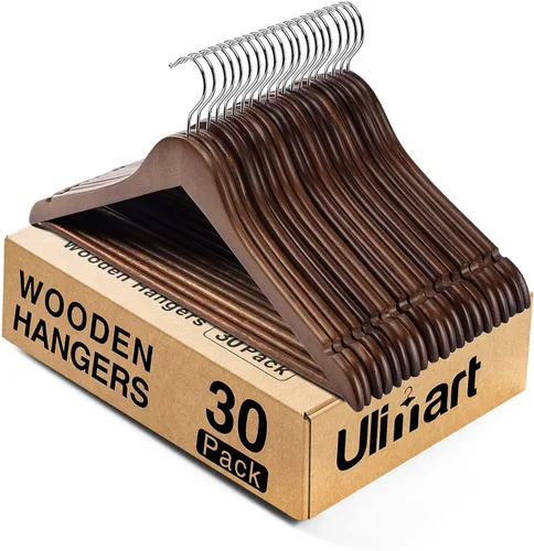 Paquete de 30 perchas de madera, percha para ropa de uso diario, percha para abrigos en el armario, perchas de madera resistentes para trajes, Nogal