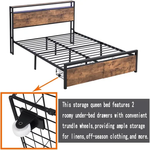 Miniatura 8 de Base de cama de tamaño matrimonial con cajones de almacenamiento y 3 puertos USB, base de cama LED matrimonial con cabecero, plataforma de metal sin