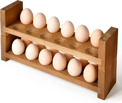 Sishynio Bandeja de huevos de doble capa para encimera, cesta de almacenamiento apilable de madera para huevos, organizador de huevos de 2 niveles