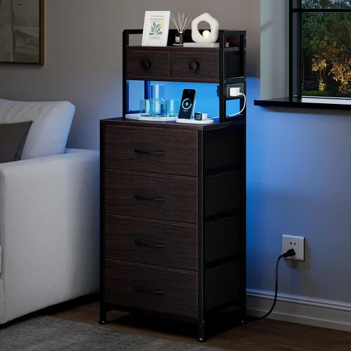 Miniatura 2 de REAHOME Mesita de noche de 41 pulgadas de alto con estación de carga, mesita de noche LED con 6 cajones de tela, mesa auxiliar de cama con estantes