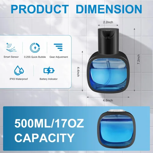 Miniatura 4 de Dispensador Automático de Jabón Líquido con Capacidad de 500ml / 17oz, Dispensador de Jabón Sin Tocar con Ajuste de 4 Niveles, Recargable, Montado