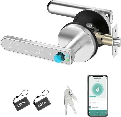 Foxgard Cerradura inteligente de huella dactilar: perilla de puerta de huellas dactilares, cerradura de puerta biométrica 5 en 1, perilla de puerta