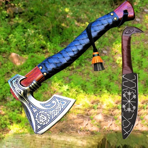 Hacha vikinga con vaina de regalo | Axes de camping y hachas forjadas a mano de acero al carbono, regalos vikingos para hombres | Hacha barbuda