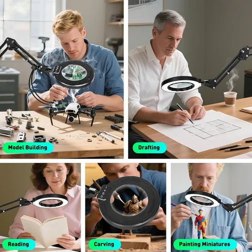 Miniatura 8 de Lupa de 12 veces con luz y soporte, brazo oscilante de 3 secciones ultradelgado, lupa iluminada para manos que ayudan, lámpara de escritorio LED