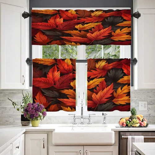 Miniatura 2 de Cortinas de cocina de hojas de arce otoñales para ventanas, hojas verdes y rojas sobre cenefas opacas negras, tratamientos de ventana de poliéster