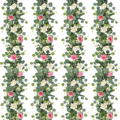 Miniatura 20 de TOCHGREEN Paquete de 4 Guirnaldas de Flores de Eucalipto Artificial con Rosas Blancas, Guirnalda de Flores de Rosa Falsa Vegetación Enredaderas