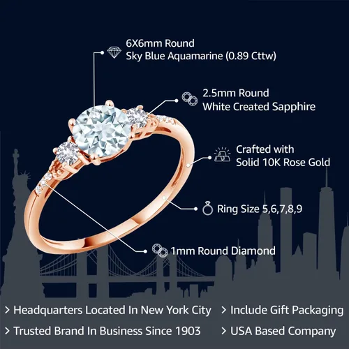 Miniatura 33 de Gem Stone King Anillo de compromiso de 3 piedras preciosas redondas de oro rosa de 10 quilates, 0.236 in, piedra natal, zafiro blanco y diamante