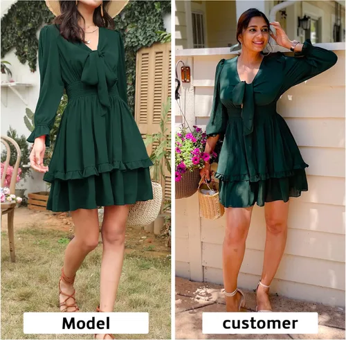 Miniatura 2 de EXLURA - Mini vestido acampanado, con cuello en V, de manga globo larga, floral, con capas, volantes, cintura elástica y para anudar por delante