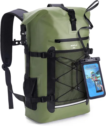 ECOHUB Mochila impermeable para mujeres y hombres, bolsa seca resistente de 30L con cierre enrollable para viajes con funda impermeable IPX8 para