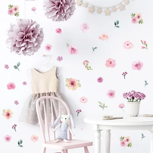 Miniatura 7 de AOWDIAO 60 calcomanías de pared de flores para despegar y pegar, vinilo de acuarela, peonía floral y hojas, calcomanías de pared de flores pastel