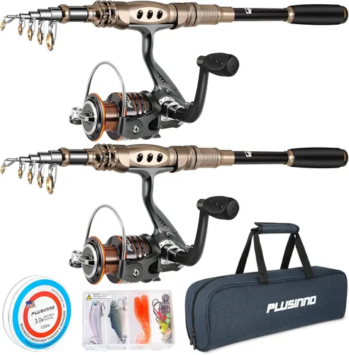 PLUSINNO Combo de caña de pescar y carrete. Caña de pescar telescópica de fibra de carbono con carrete. Kit de pesca para agua salada y agua dulce.