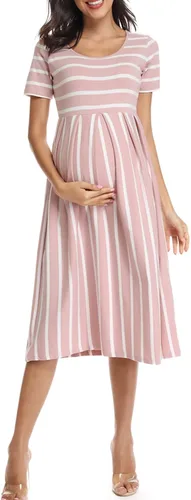 BBHoping Vestido de maternidad casual a rayas para mujer, manga corta y 34, longitud hasta la rodilla, ropa de embarazo para baby shower