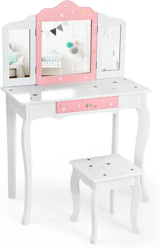 Costzon Juego de tocador para niños con espejo, tocador de maquillaje de princesa 2 en 1 con parte superior desmontable, tocador para niñas pequeñas