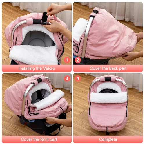 Miniatura 6 de Funda de Asiento de Coche de Invierno para Bebé, Funda de Asiento de Coche con Forro de Felpa Sherpa y Forro de Lana, Toldo de Asiento de Coche Rosa