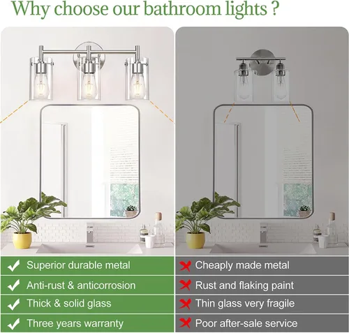 Miniatura 2 de 2023 Mejora 3 luces para tocador de baño de níquel cepillado, pantalla de vidrio transparente, apliques de pared para espejo, dormitorio, sala