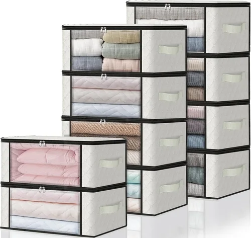 Miniatura 26 de HomeHacks Paquete de 3 bolsas organizadoras de ropa, caja de almacenamiento plegable con gran ventana transparente y asas resistentes para armario