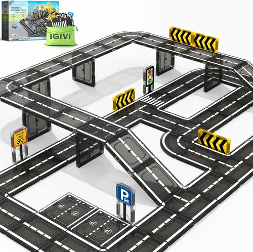 Miniatura 6 de Juego de 112 piezas de azulejos magnéticos para carretera con colores vibrantes y fuerza ultra magnética, bloques de construcción de carreteras