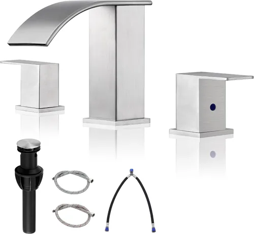 Miniatura 9 de Grifo de baño en cascada dorado de 3 agujeros - 8 pulgadas grifo de baño generalizado Dos manijas llave de lavabo de lavabo con llave de drenaje