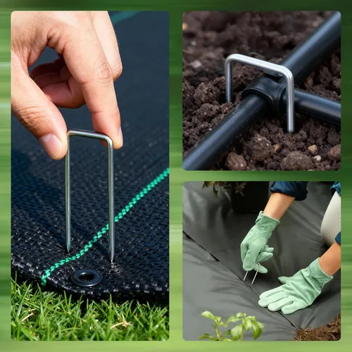 Miniatura 7 de PSISO Paquete de 57 estacas de jardín galvanizadas en forma de U de 4 pulgadas, estacas de jardín resistentes calibre 12, pasadores de césped