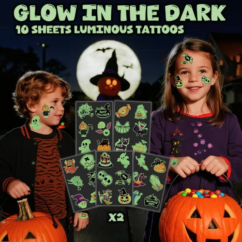 Miniatura 4 de 180 tatuajes de Halloween para niños, tatuajes temporales que brillan en la oscuridad para decoraciones de fiesta de Halloween, tatuajes temporales