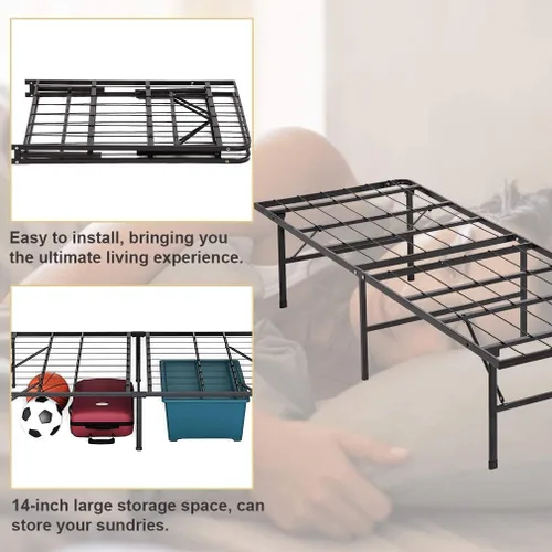 Miniatura 4 de Base de cama individual plegable de 14 pulgadas, base de cama individual con plataforma de metal resistente, listones de acero de tamaño individual
