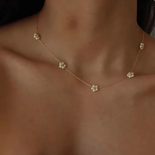 Miniatura 2 de Tewiky Collares de perlas para mujer, collar de oro delicado chapado en oro de 14 quilates, collar de perlas simples para mujer, collar de oro lindo