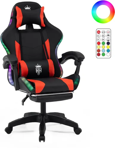 Miniatura 10 de Silla de juegos RGB con reposapiés, silla de juegos de computadora con luces LED para adultos, silla reclinable con reposacabezas ajustable, soporte