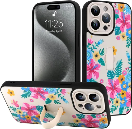 Miniatura 50 de Funda diseñada para iPhone 17 Pro Max con soporte plegable y correa para dedos, bonito patrón de lazo de corazón de flor rosa para mujeres y niñas