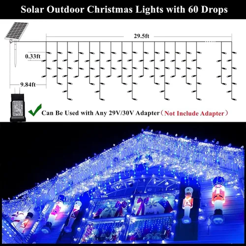 Miniatura 5 de Luces solares de Navidad de 320 LED, luces de cortina impermeables para decoraciones navideñas al aire libre, 29.5 pies, 60 gotas, 8 modos, luces