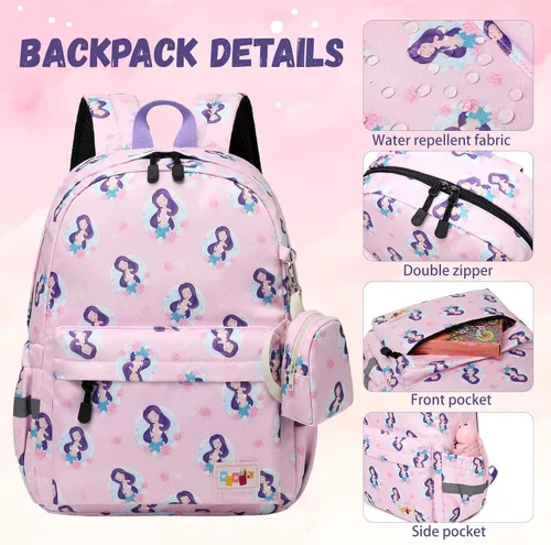 Miniatura 8 de MIRLEWAIY Mochila para niños pequeños con bolsa para monedas, Sirena rosa, Mochilas para mochila