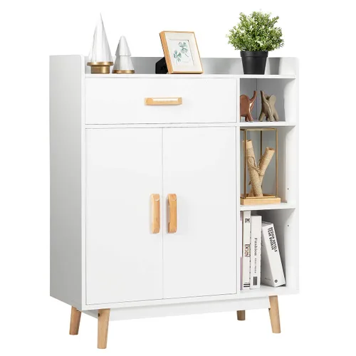 Miniatura 10 de Giantex Gabinete de Almacenamiento de Piso, Armario Independiente con 1 Cajón, 2 Puertas, 3 Estantes, 4 Patas de Madera de Caucho, Aparador, Unidad