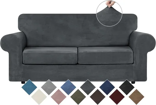 Miniatura 23 de WEERRW 4 Piezas Fundas de Terciopelo de Alta Elasticidad para Sofá de 3 Cojines Fundas de Sofá, Protector de Muebles Lavable con Parte Inferior