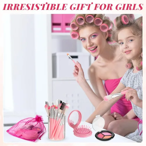 Miniatura 7 de Willinglong 12 juegos de maquillaje para niñas, suministros de fiesta de spa para niñas, juego de cosméticos de maquillaje para fiestas de Rosa