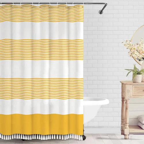 Miniatura 13 de bufftieo Cortina de regadera gris y blanca para baño con borlas estilo rústico moderno, cortinas de tela a rayas boho, juego de cortinas de regadera