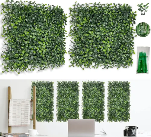 Miniatura 12 de Bybeton Paneles de pared de césped artificial, 10 x 10 pulgadas (12 unidades), paneles de boj anti rayos UV, telón de fondo de pared verde