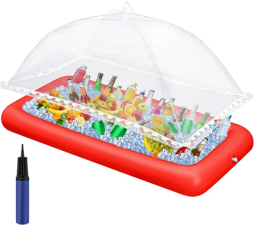 Miniatura 9 de Leitee Kit de barra inflable de 3 piezas, incluye bandeja de buffet de ensalada con tapón de drenaje, cubierta de malla, recipientes de bebidas