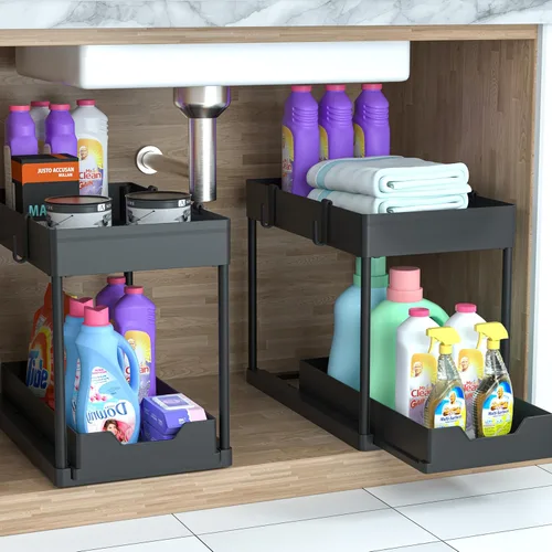 Miniatura 2 de Organizador para debajo del fregadero, paquete de 2, organizador de baño extraíble, organizador de baño y cocina deslizable de 2 niveles