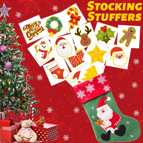 Miniatura 4 de 240 tatuajes temporales de Navidad para niños, tatuajes impermeables envueltos individualmente con purpurina, la mejor opción para rellenos