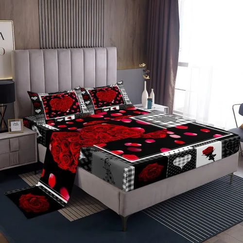 Miniatura 19 de Juego de sábanas femeninas de flores de rosas rojas, tamaño individual, juego de ropa de cama para el día de San Valentín, decoración de habitación