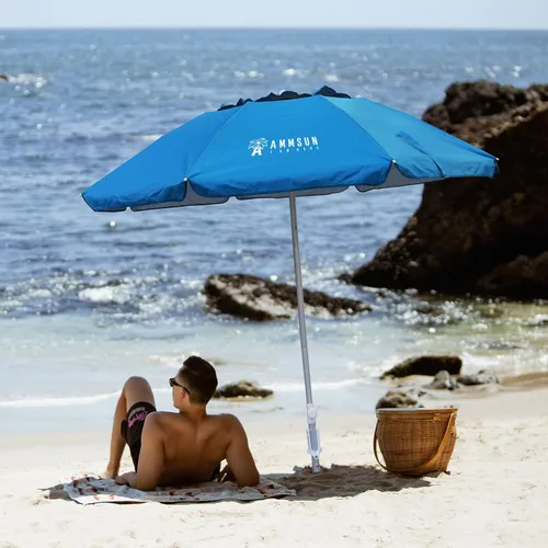 Miniatura 8 de AMMSUN - Sombrilla de playa portátil de 6.5 pies, plegable dos veces, con ancla de arena, poste inclinable a prueba de viento, ventilación de aire