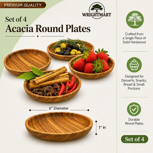 Miniatura 3 de Juego de 4 platos de madera de acacia, redondos de 6 pulgadas, postre de madera maciza de 1 pulgada de grosor, platos laterales y aperitivos
