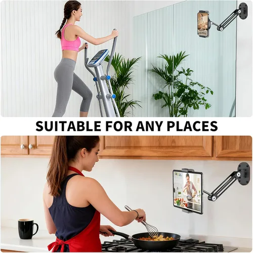 Miniatura 4 de soporte de pared para iPad, giratorio y basculante, soporte de pared para tableta de aluminio, base de rotación 360°, ajustable y plegable