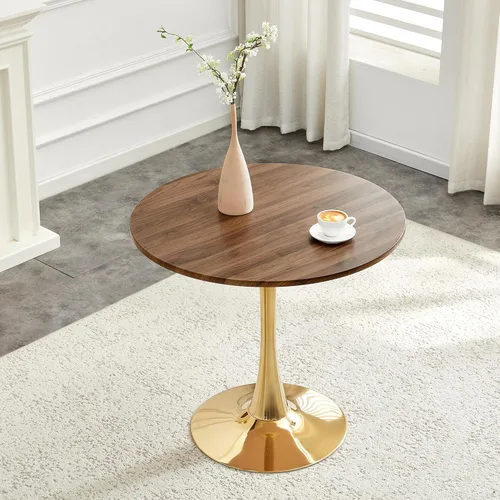 Miniatura 4 de Mesa de comedor redonda de nogal para espacios pequeños, mesas de tulipanes de 32 pulgadas con base de pedestal de metal dorado, mesa de bistró