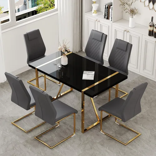 Miniatura 23 de Moderno juego de mesa de comedor para 4, juego de mesa de comedor dorado de 55 pulgadas con 4 sillas de piel sintética negra, mesa de madera negra