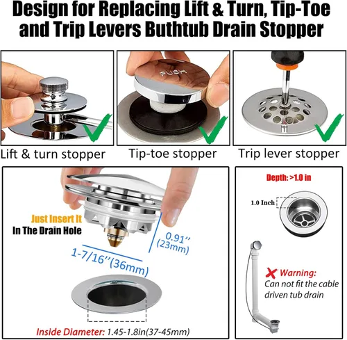 Miniatura 2 de Anlige Tapón de drenaje de bañera, tapón de bañera desplegable y cubierta, parte inferior con recogedor de pelo, universal para drenaje de 1.45 a
